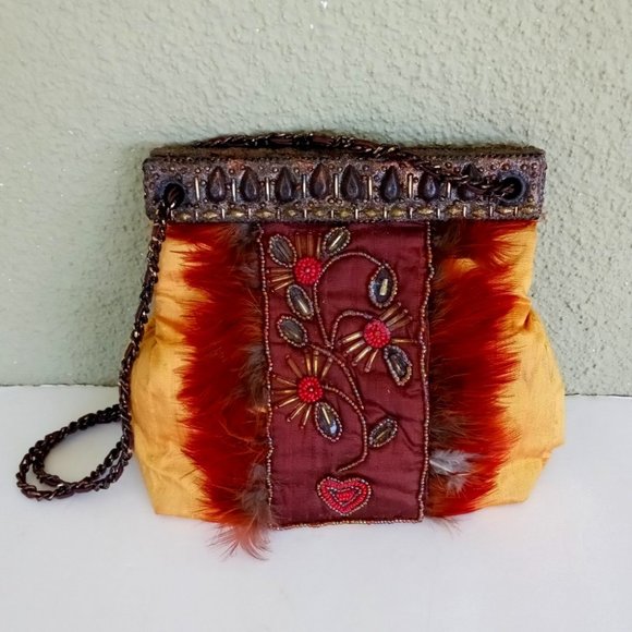 Mary Frances Handbags - Mary Frances Yellow Beaded Feather Handbag Chain Strap